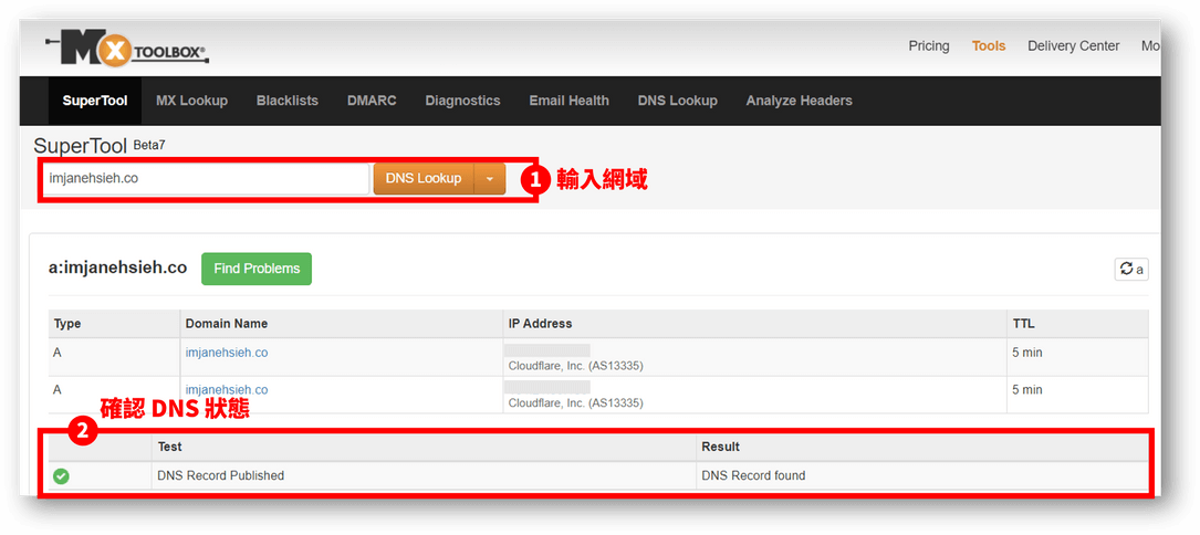 至 MXTOOLBOX 查看 DNS 設定是否成功