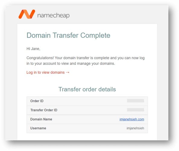 NameCheap 搬家成功通知